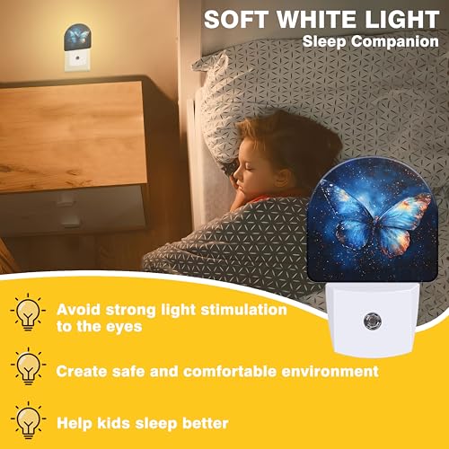 Image of Night Lights Plug into Wall Blue Butterfly with Stars Night Light Dusk to Dawn Smart Sensor Decorative Round Led Lamp for Bedroom Kitchen Hallway Nightlight for Women Men