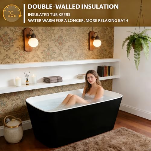 Image of GarveeHome 49'' Freestanding Bathtub, Acrylic. Deep Soaking Stand Alone Tub, Bath Easy to Install for Bathroom Renovation, Comfortable Small Space Tub with Chrome Overflow and Drain, White