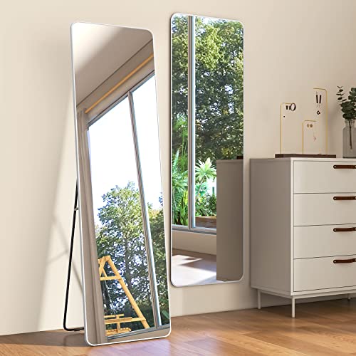 ミルオ君の鏡工房 全身鏡 大きい 姿見鏡 アルミフレーム おしゃれ 丸角 全身ミラー 飛散防止 壁掛け 立て掛け スタンドミラー すがた鏡 全身 (151*39cm, ホワイト)