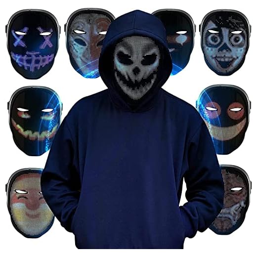 KKTECT LED-upplyst mask läskiga lysande masker med Bluetooth AppControl, 45 animationer, 70 bilder, gör-det-själv-mönster/texter, fotouppladdning och musikrytm mask för fester och videoinspelning