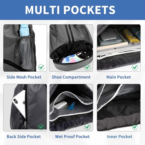 Image of JELUTAR Drawstring Backpack Gym Bag with Shoes Pocket, Dark Grey | Water-Resistant String Backpack for Soccer, Basketball, Swim, Beach Cinch for Women Men, 18 L Large Capacity, Wet Pocket