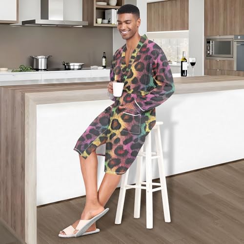 Men’s Robe Neon Leopard Pattern Print, Long Sleeve Lightweight Bathrobe with Belt Pockets M2
