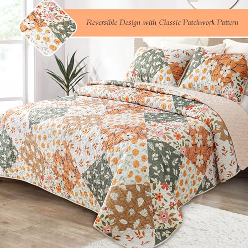 Whale Flotilla Reversible Patchwork Quilts Twin Size, Lightweight Boho Printed Bedspreads Coverlets Quilt Bedding Set with 1 Pillow Shams for All Seasons, Orange