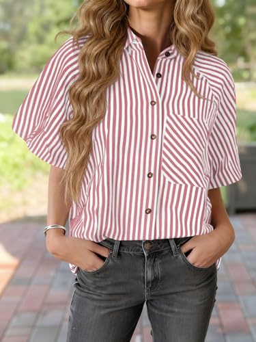 Image of Tankaneo Womens Short Puff Sleeve Button Down Shirts Striped Trendy Casual Loose Fit Blouse V Neck Collared Tops