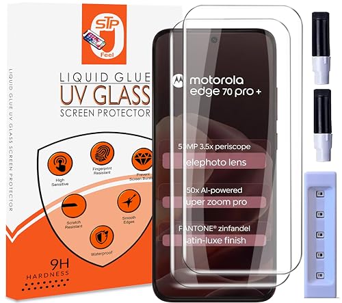 Image of STP FEEL Premium UV Tempered Glass Screen Protector Guard Compatible For Motorola Edge 70 Pro Plus 5G (6.78 Inch, Pack of 2) Full Adhesive UV Curved Case Friendly HD Clarity with easy installation kit
