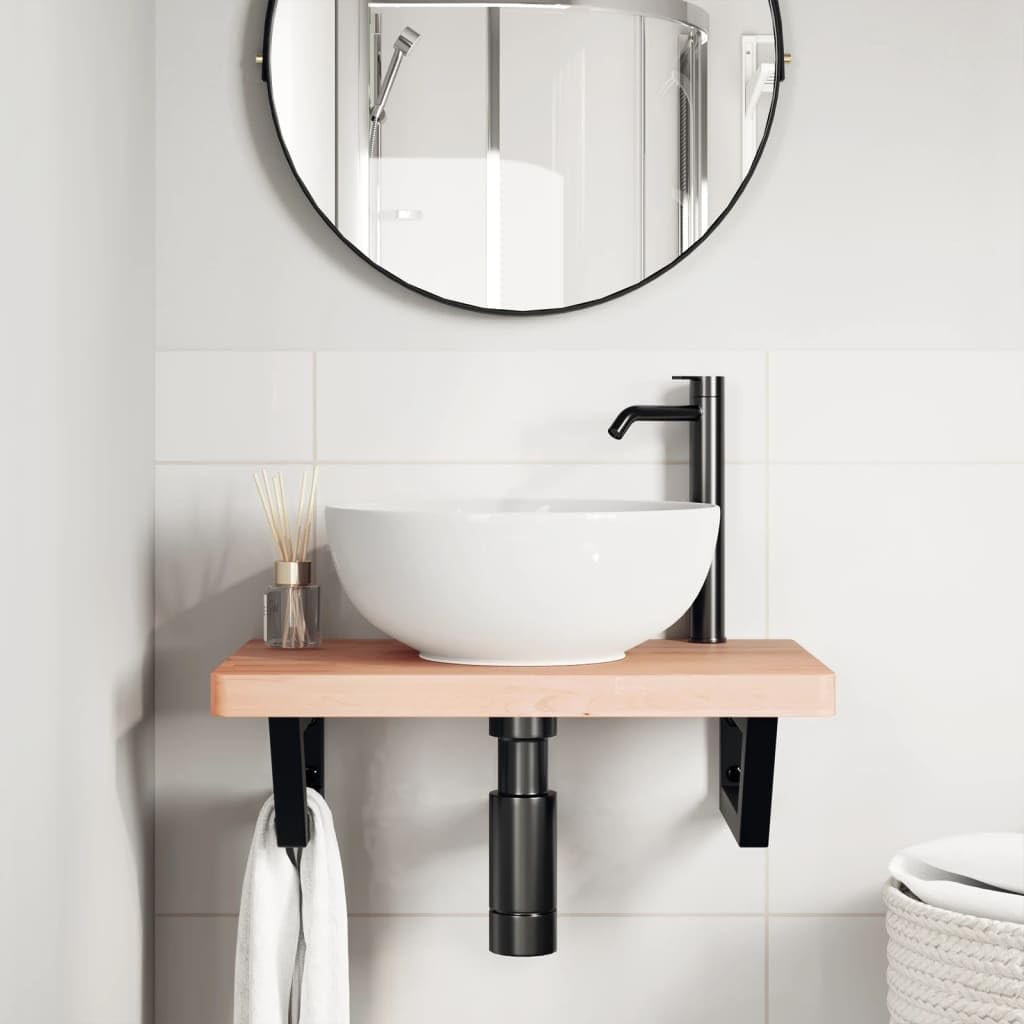 Tapa de lavabo con soporte de 60 x 40 cm, estante para lavabo de pared flotante, consola de lavabo de madera maciza de haya y estructura de acero en forma trapezoidal, placa de madera para