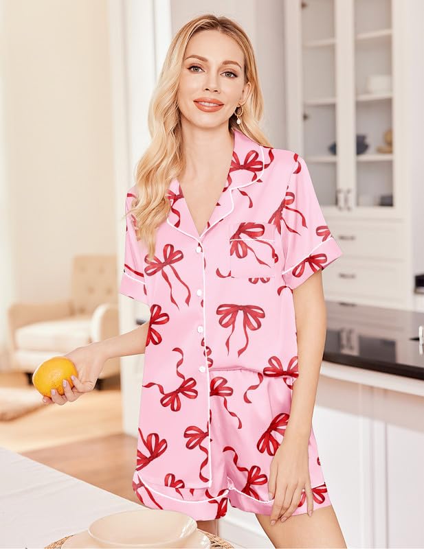 Image of Ekouaer Silk Pajamas for Women Set Satin Soft Short Sleeve Button Down Pjs