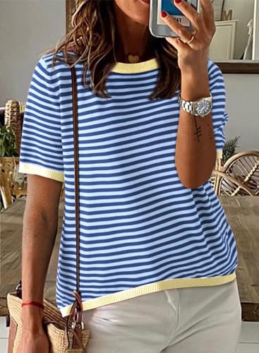 Image of Dokotoo Womens Tops 2026 Casual Summer Crewneck Short Sleeve Striped Color Block Knit High Low Trendy Pullover Sweaters
