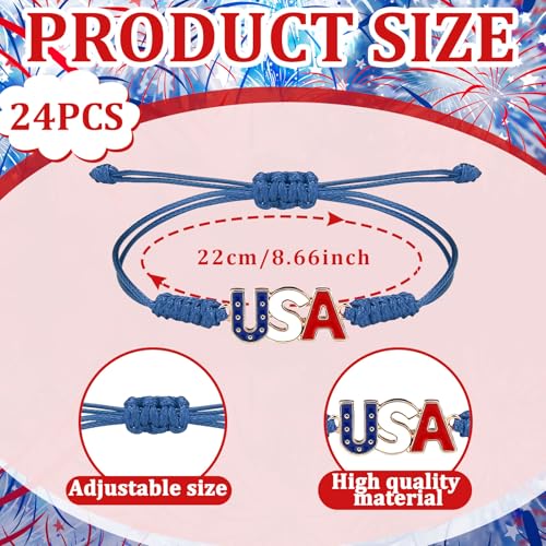 Image of 24 Pcs 4th of July Bracelets Red White and Blue Bracelets Patriotic USA American Flag String Woven Wristband Bulk 4th of July Party Favors for 250th Anniversary Independence Day Parade Supplies