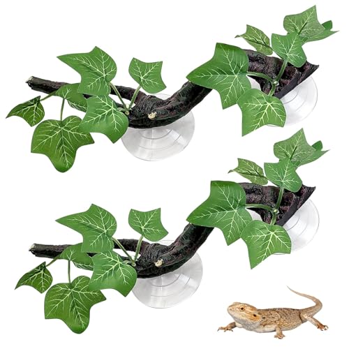 Image of PINVNBY 2 PCS Reptile Corner Branch Terrarium Plant Decoration with Suction Cup Resin Plant for Amphibian Lizard Snake Climbing