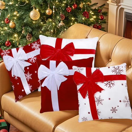 ZhowHoHo 4 Pcs Christmas Pillow Covers 3D Bow Gift Box Style Farmhouse Xmas Decor for Couch or Sofa Holiday Throw Pillow Cushion Cases (Red White, 18x18 Inch)