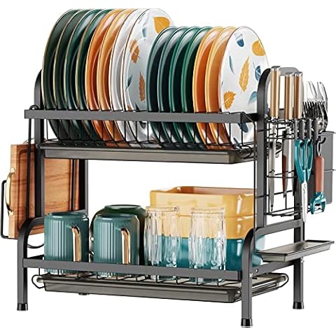 Dish Drying Rack, 2 Tier Rust-Resistant Dish Rack Dish Drainer with Drainboard Tray, Utensil Holder and Cutting Board for Kitchen Countertop,Space-Saving Cover