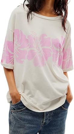 Womens Floral Graphic Oversized Tees Loose Fit Short Sleeve Cute Tshirts Vintage Half Sleeve Casual Aesthetic Clothes