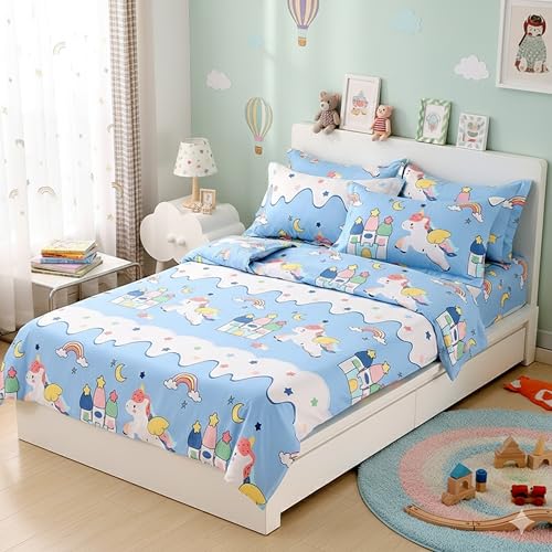 Image of Filymore Star Unicorn Double bedsheet for Girls Kid bedsheet for King Size Bed 240 TC Microfiber Soft Cartoon bedcover for Kids Room (90x90 Inches)(SkyBlue and White)