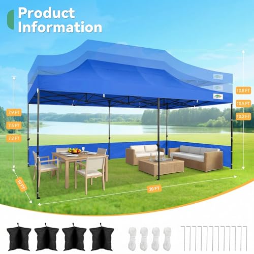 Image of COBIZI 10x20 Heavy Duty Pop Up Canopy Tent with 6 Sidewalls Thicken Frame, Commercial Easy Up Outdoor Wedding Party Tents, All Season Waterproof Windproof with Stakes Sandbags Ropes Roller Bag, Blue