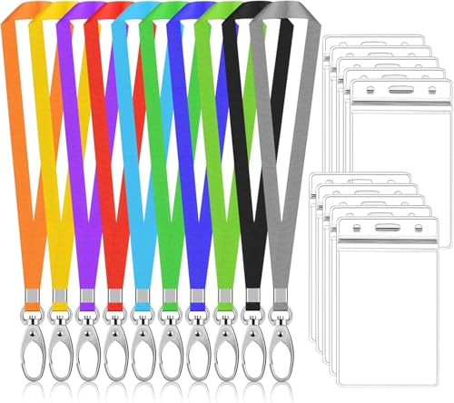 10 Sets Porte Badge Tour de Cou, 10 Pcs Porte Carte Cou avec 10 Pcs Cordon, Nylon Sangle de Cou avec Crochet Pivotant, Étanche Transparent Plastique Porte Cles pour Bureau École (Vertical)