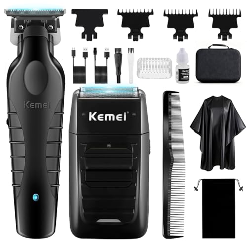 KEMEI Juego de cortadoras de pelo profesionales y afeitadoras de aluminio, cortadoras de pelo inalámbricas para hombres, kit de maquinilla de afeitar eléctrica de peluquería con cuchilla en T