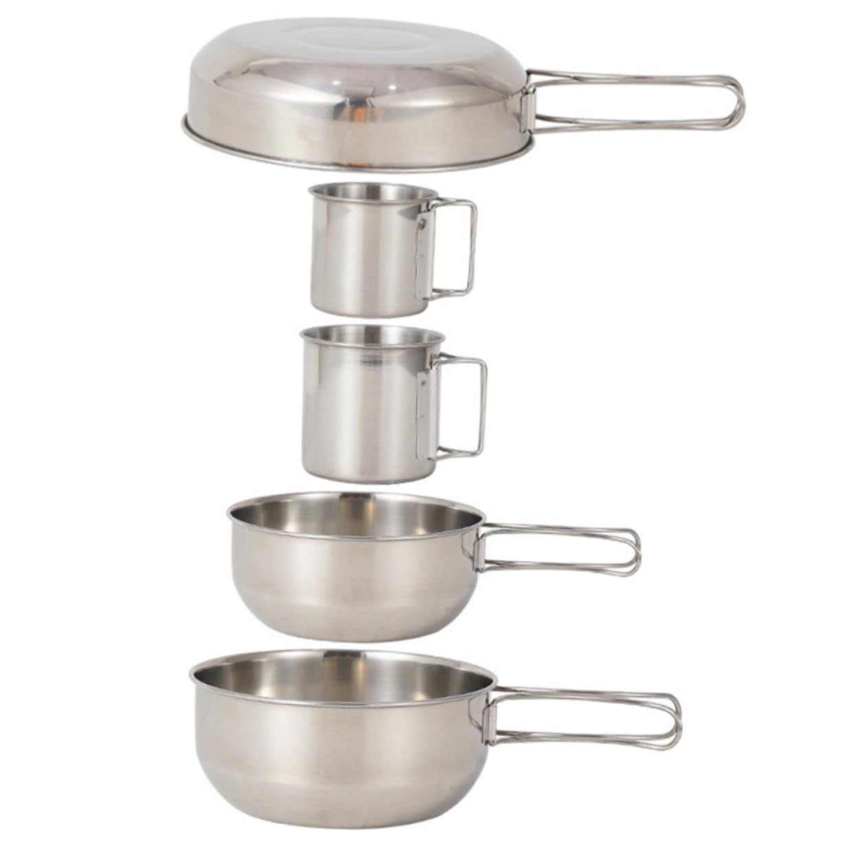 5 pièces Set Vaisselle Camping Acier Inoxydable et Facile à Nettoyer avec Casseroles Pliables et Poignées pour Pique et Randonnée Plein Air