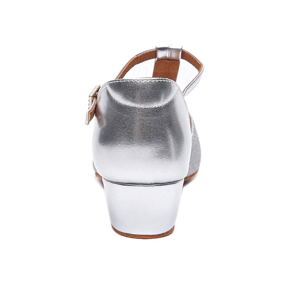 HIPPOSEUS Girls Squin Latin Dance Shoes Silver Low Heel Ballroom Salsa Dance Performance Shoes,3.5 M Big Kid