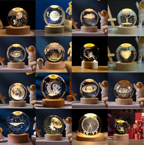 Image of 3D Crystal Ball Night Lamp, Creative Engraved Night Light, USB Table LED Wooden Crystal Ball for Home Office Decoration Birthday Gift Adults (Random Design)(Warm White)