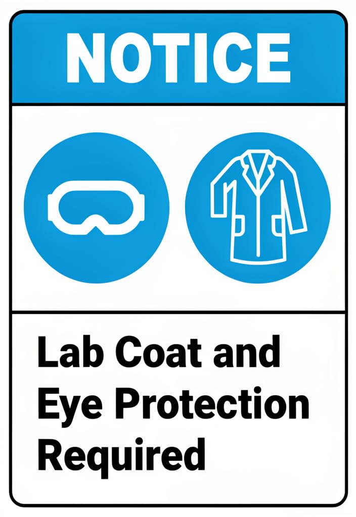 peiyeety Lab Coat and Eye Protection Required Tin Sign 12x8 Inch, NOTICE Safety Metal Sign with Protective Goggles and Lab Coat Icons, Wall Decor for Laboratory, School, Clinic, Workplace