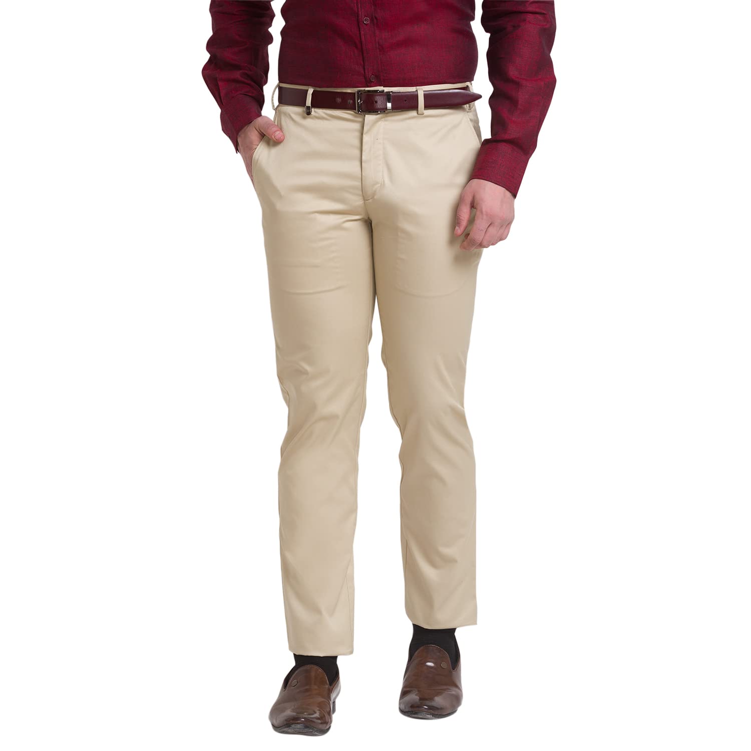 Men's Pure Cotton Solid Pattern Super Slim Fit Flat Front Formal Chinos