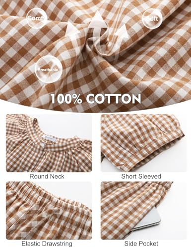 Flygo Womens Plaid 2 Piece Pajamas Sets Gingham Button Down Puff Sleeve Babydoll Shirt Ruffle Pants Y2K Pjs Lounge Set