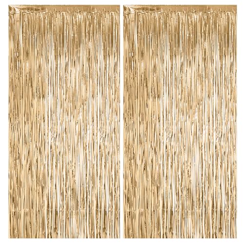 fairymaiden 2 Tende Metalliche Oro Champagne, Orpelli e Festoni Lamina Frangia Tinsel Oro Champagne per Graduazione Compleanno Impegno Natale Capodanno Festa Festival Decorazioni Ballo 2025 1x2m