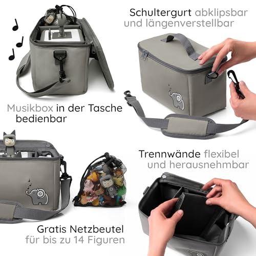 fantifant Musikbox-Tasche für Hörwürfel (z.B. Toniebox und Tigerbox) | Verstellbare Innenfächer | Netzbeutel für Zubehör (zB 10 Toniefiguren) (Special Edition schwarz)