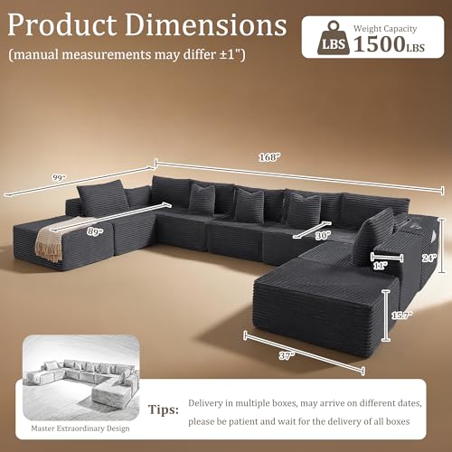 Image of 168 inch Cloud Sectional Couch, Comfort U Shaped Sofa for Living Room, Extra Deep Seats No Assembly, Minimalist Modular Couch, Corduroy (Dark Grey, 9 Seats,U-Shape A)
