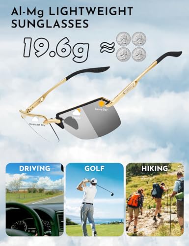 Image of BIRCEN Mens Metal Photochromic Sunglasses: UV Protection Al-Mg Sun Glasses Ultra-light Rimless Shades for Driving Cycling