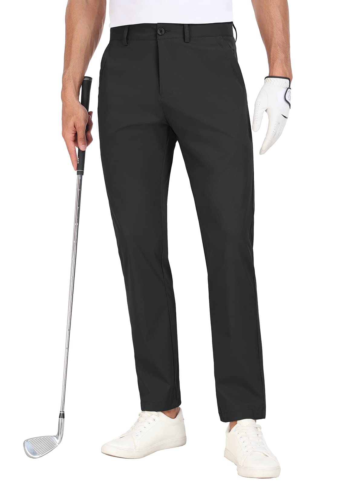Photo 1 of Men's Golf Pants Stretch 30'' Slim Fit Slacks Work Dress Pants Lightweight Quick Dry Casual Flat Front Pants 5 Pockets 30W x 30L Black