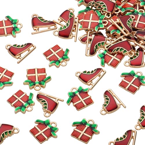 Image of VIDRIO Pack of 80 Christmas Gift and Skates Enamel Charms Gold Plated Colored Pendants Accessories for Necklace Bracelet Jewelry Making DIY Crafting
