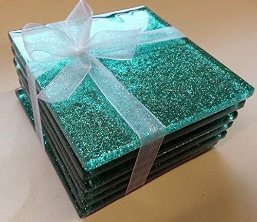 Fused Glass Teal Glitter Coasters set of 6