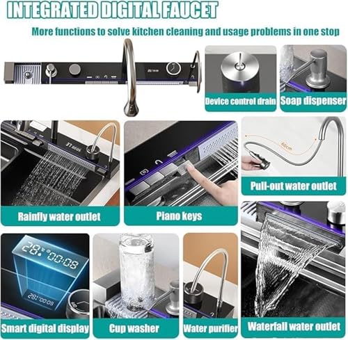 Image of EVANEX Kitchen Sink 30 inchx18 inchx9 inch Inch Piano Kitchen Sink Multifuctional LED Pannel & Digital Display 304 Grade Stainless Steel Black Finish with Integrated & Pull Down Faucet