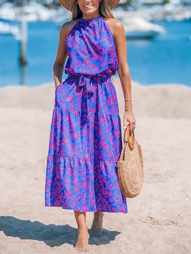 Image of CUPSHE Women's Midi Dress Halter Floral Sleeveless Belted Ruffled A Line Casual Summer Dress