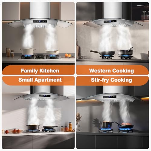 30 Inch Wall Mount Range Hood 1200CFM, 4-Speed Wall Mount Range Hood with Touch Control & Gesture Sensing Stainless Steel Kitchen Stove Vent Hoods with 2 LED Lights Pro Series
