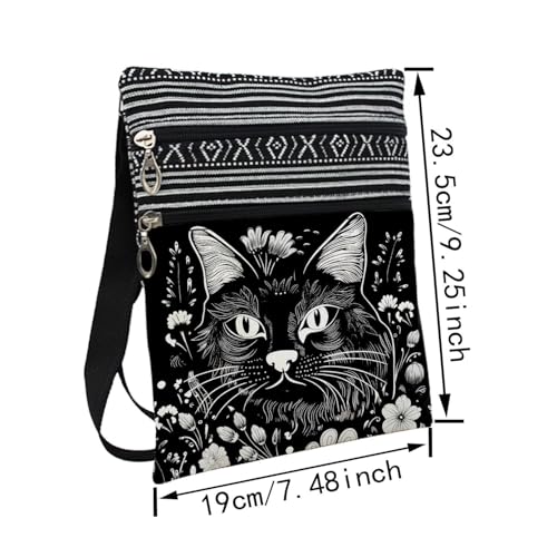 Floral Cat Face Messenger Bag Small Ethnic Pattern Printed Adjustable Strap Crossbody Zipper Bag Floral Cat Face Phone Bag Wallet Cute Shoulder Handbag for Women Friends -22