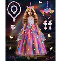 COYBTO Princess Costumes for Girls, Light Up Unicorn Costume Dress Up, Dress Up for Girls with Headband Crown Necklace Sets, Unicorn Fancy Dress for Kids Party Birthday Carnival Cosplay