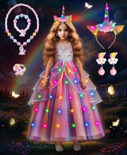 COYBTO Disfraces de Princesa para Niñas, Disfraz de Unicornio Luminoso, Disfraz Unicornio Niña con Collar Set, Vestidos Unicornio Niña para Fiesta Cumpleaños Halloween Navidad Carnaval (120)