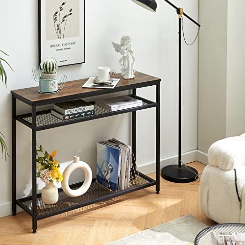 SetSail Console Table, Industrial Narrow Sofa Table with 2 Mesh Shelves, Rustic Brown Hallway Side Table, End Table for Living Room, Entryway, Foyer, Hallway