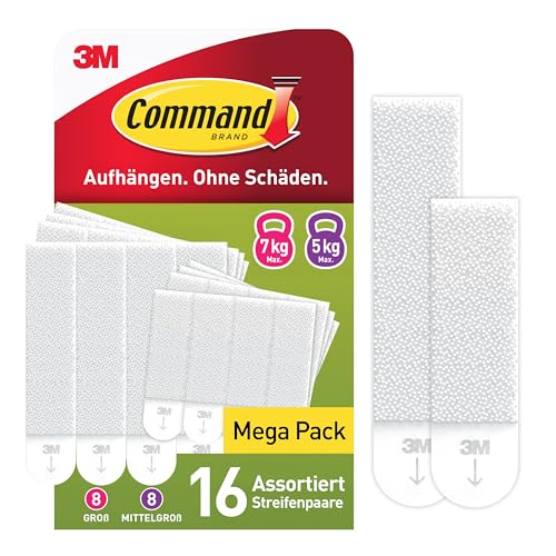 Command Bilder-Montagestreifen Bildaufhänger Vorteilspack mit 8x2 Größe L und 8x2 Mittel Weiß - Befestigung ohne Bohren