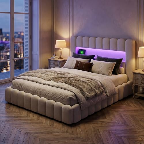 BRILVERDE Lit Coffre 160x200 cm, tête de lit avec éclairage LED, Chargement USB et Rangement, lit Double avec Rangement, sommier à Lattes, Linge, Matelas Non Inclus (Beige, 160x200)