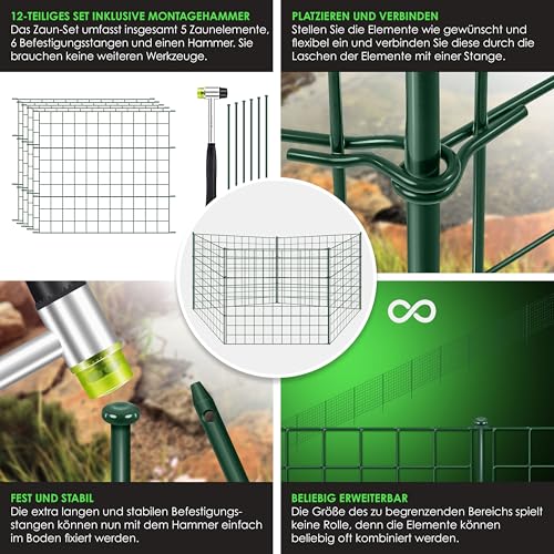 KESSER® Teichzaun Gartenzaun Steckzaun Komplettset Metall 10x Gerade Inkl. Handschuhe, 2x Hammer + 12 Befestigungsstäben, Zaun zum stecken für Garten, Gitterzaun Set Freigehege für Tiere