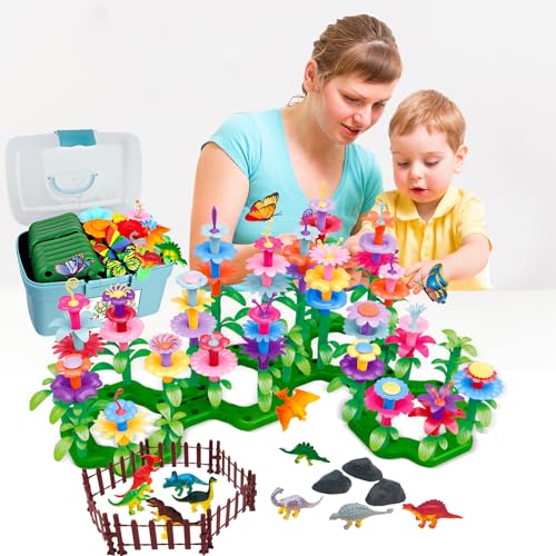 Image of Toys Gifts for Age 2 3 4 5 6,167 PCS Dinosaur Flower Garden Building Blocks | STEM Fine Motor Skill Stacking Games for Toddlers, First 1st Birthday Gifts for Preschool Kids Boys Girls 2+ Years Old