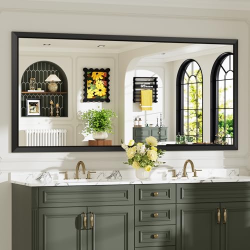 Image of 72x36 Inch Black Bathroom Mirror for Wall, Beveled Framed Rectangle Bathroom Vanity Mirrors for Over Sink, Bedroom, Living Room, Entryway, Anti-Rust, HD Tempered Glass, Horizontally /Vertically