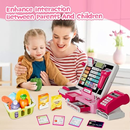 Image of DZLING Kids Cash Register Toy Playset with Real Calculator, Scanner, Credit Card, Play Money, Food, Pretend Supermarket Shopping Toy for Boys & Girls Toy for Ages 3-8