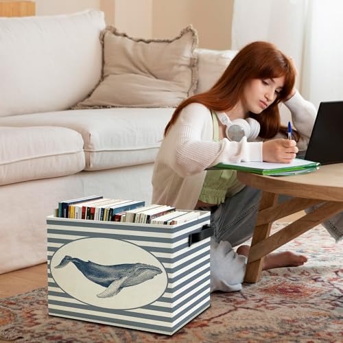 Image of Coastal Beach Whale Storage Bins Box with Handles, Blue Striped Beachy Ocean Whale Marine Biology Collapsible Basket Organizer for Bedroom Bathroom Books Clothes