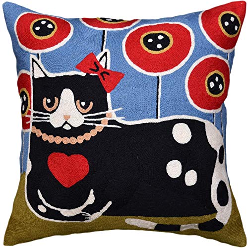 Kashmir Designs Black Cat Pillow Cover | Poppy Cat Pillows | Modern Cat Cushion | Cat Face On Pillow | Purple Kitty Accent Pillows | Cat Lover Gift | Hand Embroidered Cushions | Wool Size - 18X18 #TOP30
