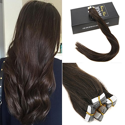 Sunny Hair Extensions Tape in 18inch Darkest Brown #2 Heart Tape in Hair Extensions Premium Quality Silky Straight Remy Human Hair Tape Hair Extensions 1.25g/pc 20pc/Pack
